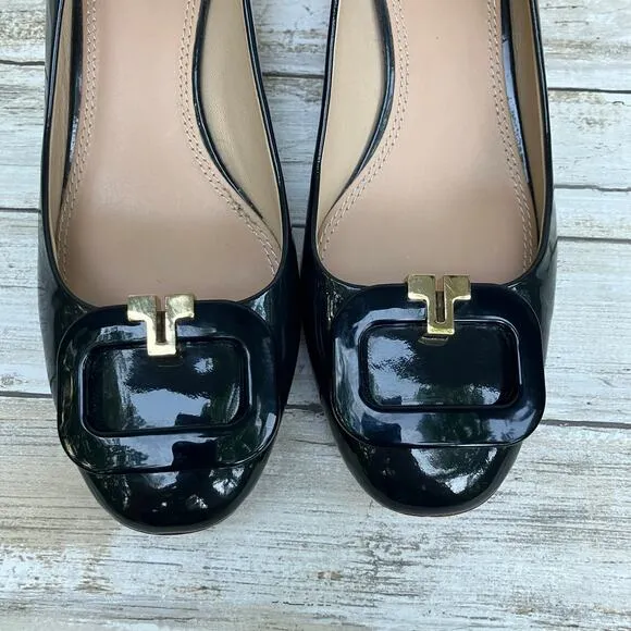 Tory Burch Patent Leather Pumps Shoes T Ring 50 Sz 8.5 Black Gold Heels Classic