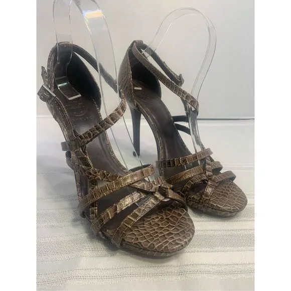 TORY BURCH REPTILE LEATHER STILETTOS STRAPPY SANDALS BUCKLE CLOSURE OFFICE SIREN