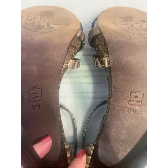 TORY BURCH REPTILE LEATHER STILETTOS STRAPPY SANDALS BUCKLE CLOSURE OFFICE SIREN