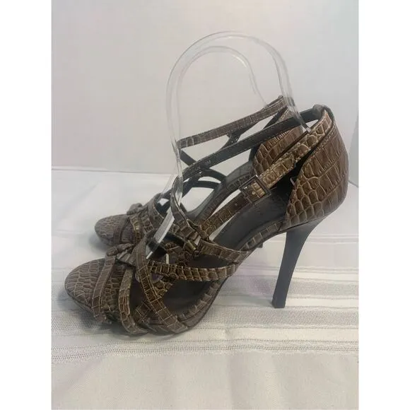 TORY BURCH REPTILE LEATHER STILETTOS STRAPPY SANDALS BUCKLE CLOSURE OFFICE SIREN