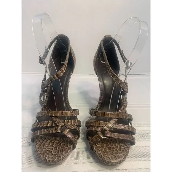 TORY BURCH REPTILE LEATHER STILETTOS STRAPPY SANDALS BUCKLE CLOSURE OFFICE SIREN
