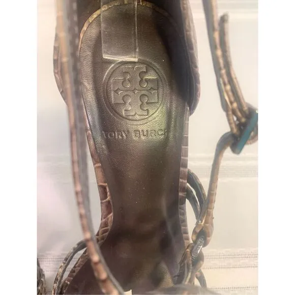 TORY BURCH REPTILE LEATHER STILETTOS STRAPPY SANDALS BUCKLE CLOSURE OFFICE SIREN