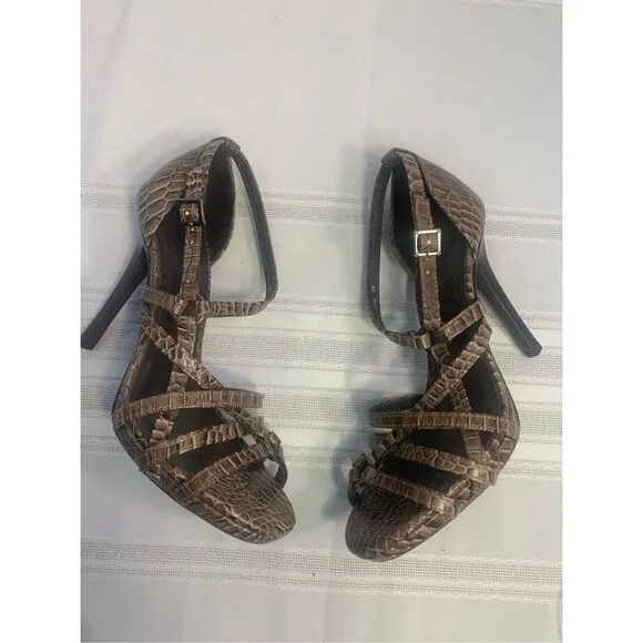 TORY BURCH REPTILE LEATHER STILETTOS STRAPPY SANDALS BUCKLE CLOSURE OFFICE SIREN