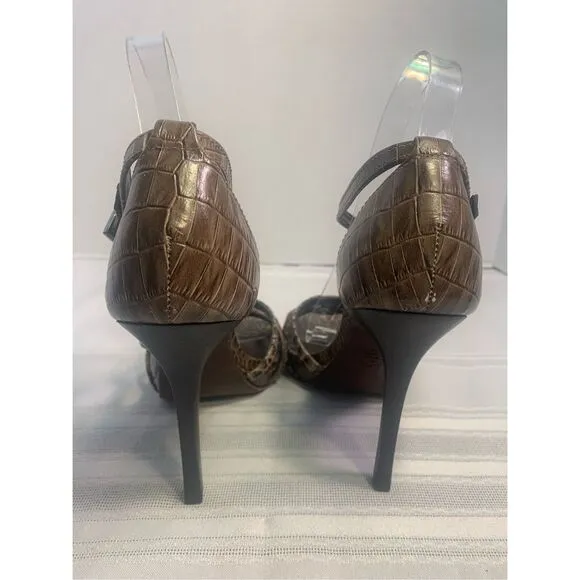TORY BURCH REPTILE LEATHER STILETTOS STRAPPY SANDALS BUCKLE CLOSURE OFFICE SIREN