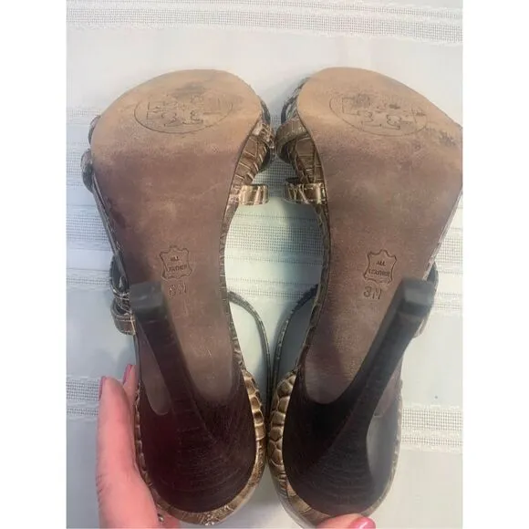 TORY BURCH REPTILE LEATHER STILETTOS STRAPPY SANDALS BUCKLE CLOSURE OFFICE SIREN