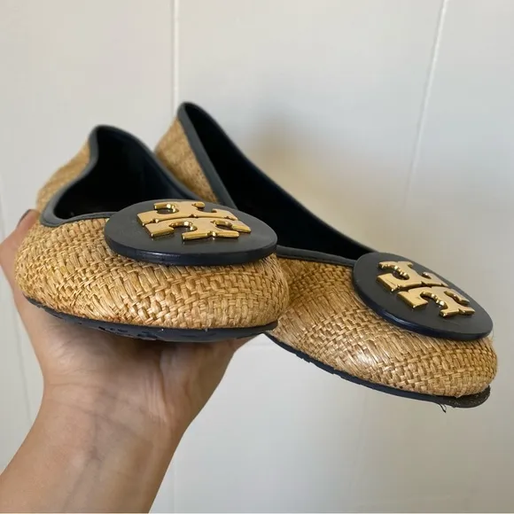 Tory Burch Reva Navy &amp; Raffia Straw Woven Flats Size 91/2​​​