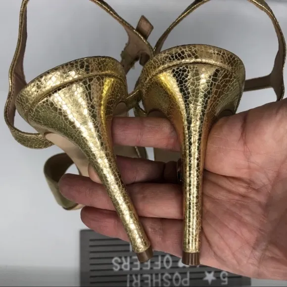 Tory Burch Shayley Mirror Gold Craquelee Heeled Sandal Shoes Size 10.5