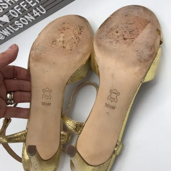 Tory Burch Shayley Mirror Gold Craquelee Heeled Sandal Shoes Size 10.5