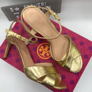 Tory Burch Shayley Mirror Gold Craquelee Heeled Sandal Shoes Size 10.5