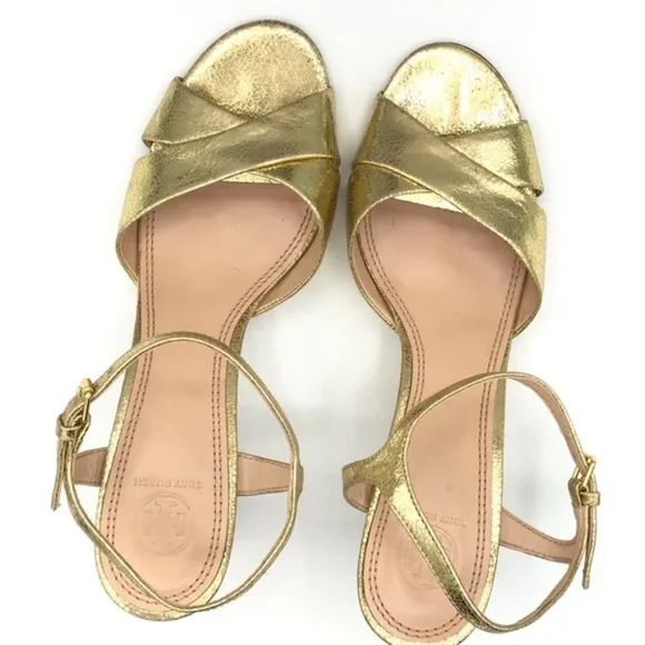 Tory Burch Shayley Mirror Gold Craquelee Heeled Sandal Shoes Size 10.5