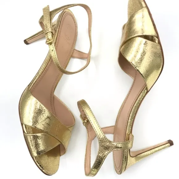 Tory Burch Shayley Mirror Gold Craquelee Heeled Sandal Shoes Size 10.5