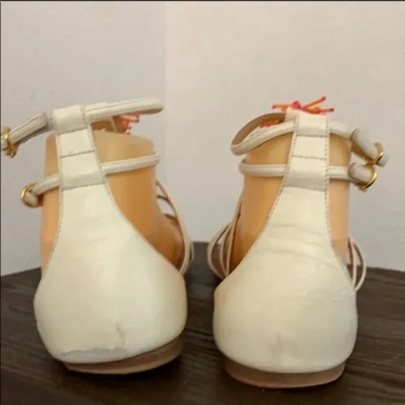 TORY BURCH Shoes Women's sz9 Sandals Cream Leather Floral Buckle Strappy Sandals
