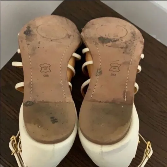 TORY BURCH Shoes Women's sz9 Sandals Cream Leather Floral Buckle Strappy Sandals