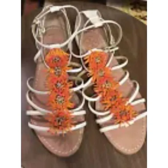 TORY BURCH Shoes Women's sz9 Sandals Cream Leather Floral Buckle Strappy Sandals