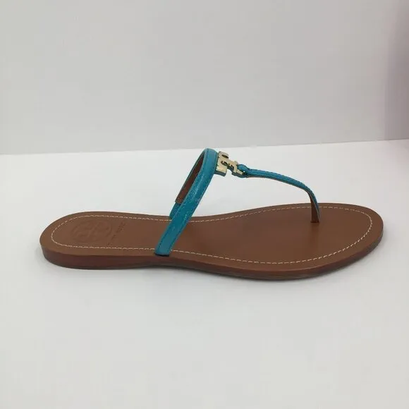 Tory Burch T Logo flat thong bright turquoise leather sandal 7 patent blue new