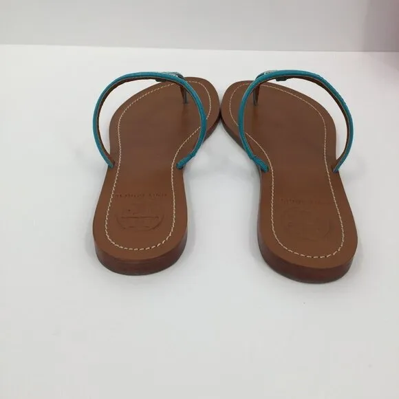 Tory Burch T Logo flat thong bright turquoise leather sandal 7 patent blue new
