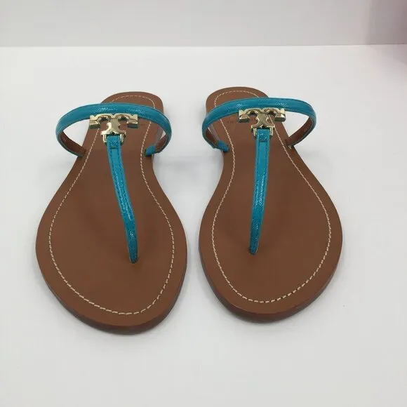 Tory Burch T Logo flat thong bright turquoise leather sandal 7 patent blue new