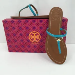 Tory Burch T Logo flat thong bright turquoise leather sandal 7 patent blue new