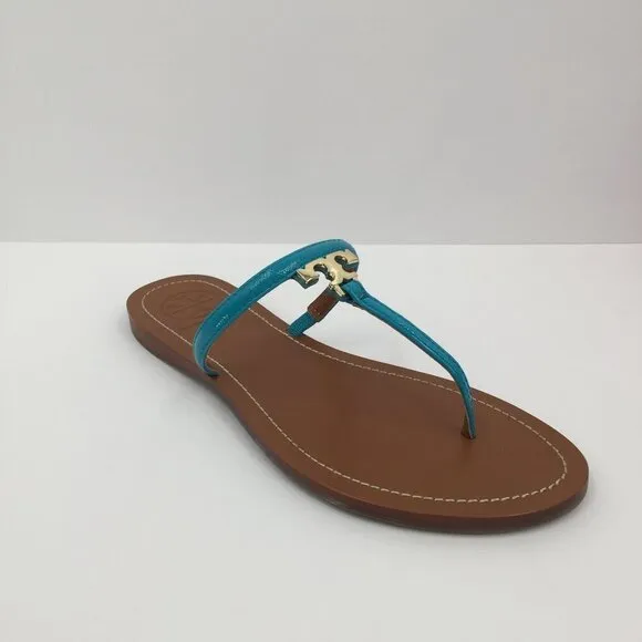 Tory Burch T Logo flat thong bright turquoise leather sandal 7 patent blue new