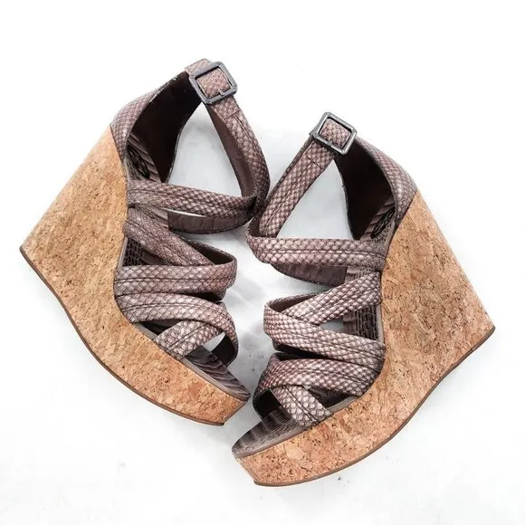 TORY BURCH Taupe Python Embossed Leather Cork Wedge Strappy Sandals