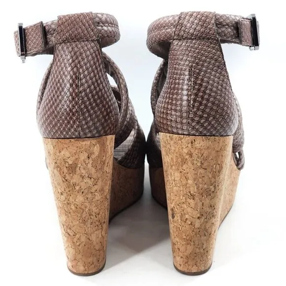 TORY BURCH Taupe Python Embossed Leather Cork Wedge Strappy Sandals
