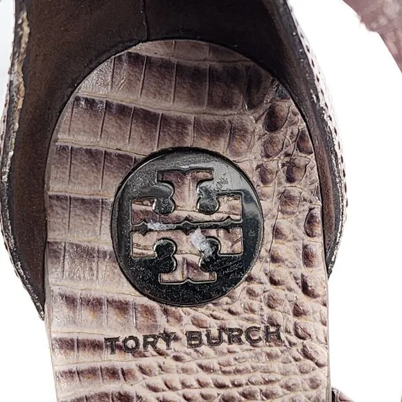 TORY BURCH Taupe Python Embossed Leather Cork Wedge Strappy Sandals