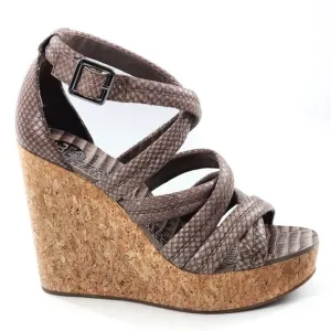 TORY BURCH Taupe Python Embossed Leather Cork Wedge Strappy Sandals