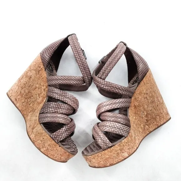TORY BURCH Taupe Python Embossed Leather Cork Wedge Strappy Sandals