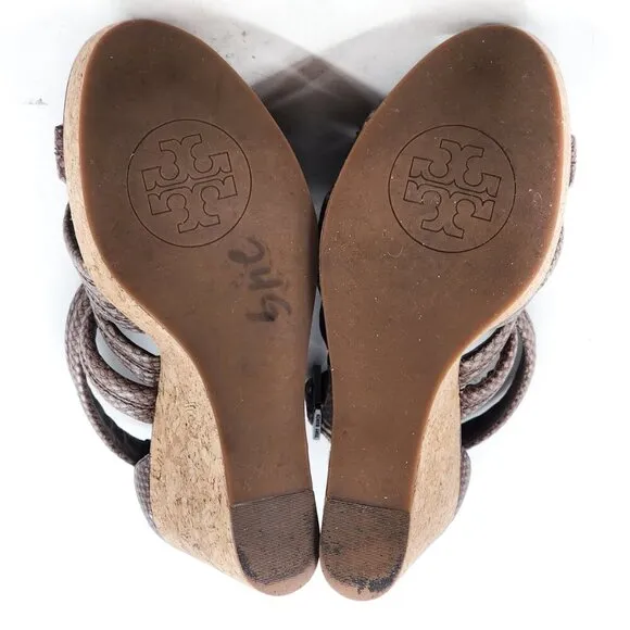 TORY BURCH Taupe Python Embossed Leather Cork Wedge Strappy Sandals