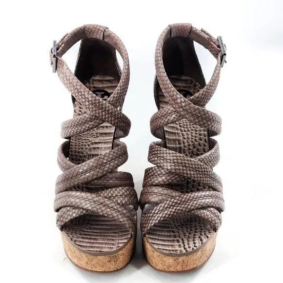 TORY BURCH Taupe Python Embossed Leather Cork Wedge Strappy Sandals