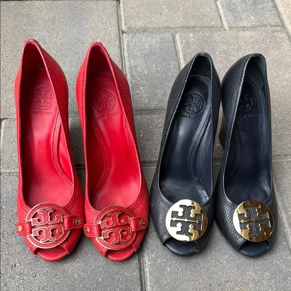 Tory Burch Women's Red and Black Peep Toe Heels size 9