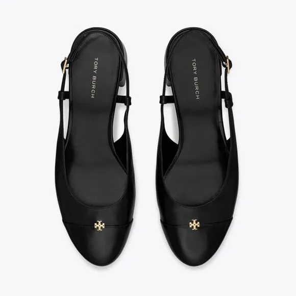 Tory Burch Cap-Toe Slingback 45 MM Black Leather Slingbacks/Dust Bag size 6