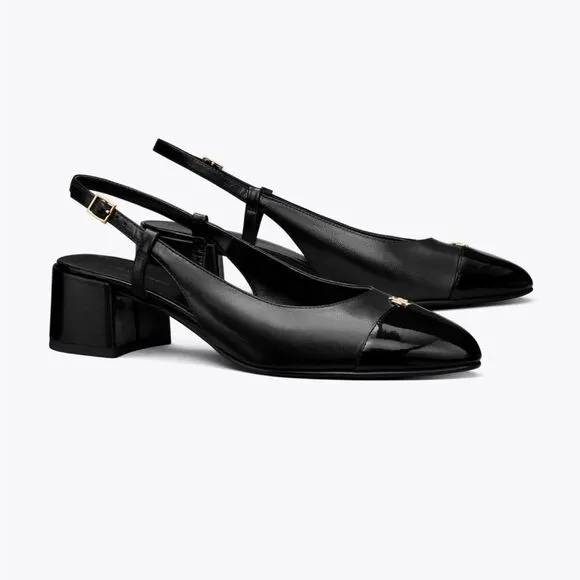 Tory Burch Cap-Toe Slingback 45 MM Black Leather Slingbacks/Dust Bag size 6