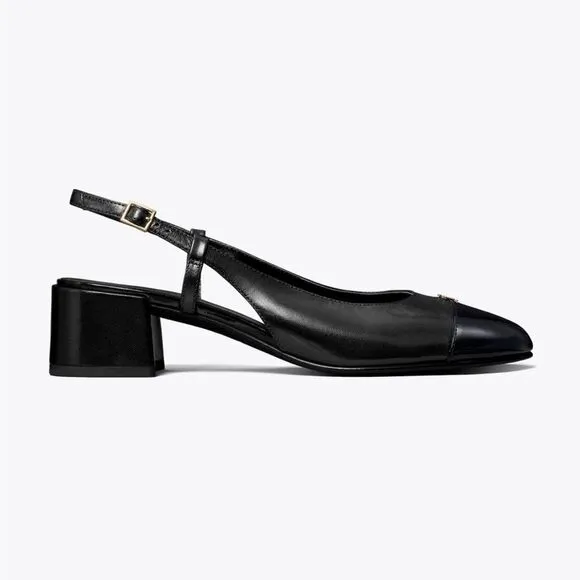 Tory Burch Cap-Toe Slingback 45 MM Black Leather Slingbacks/Dust Bag size 6