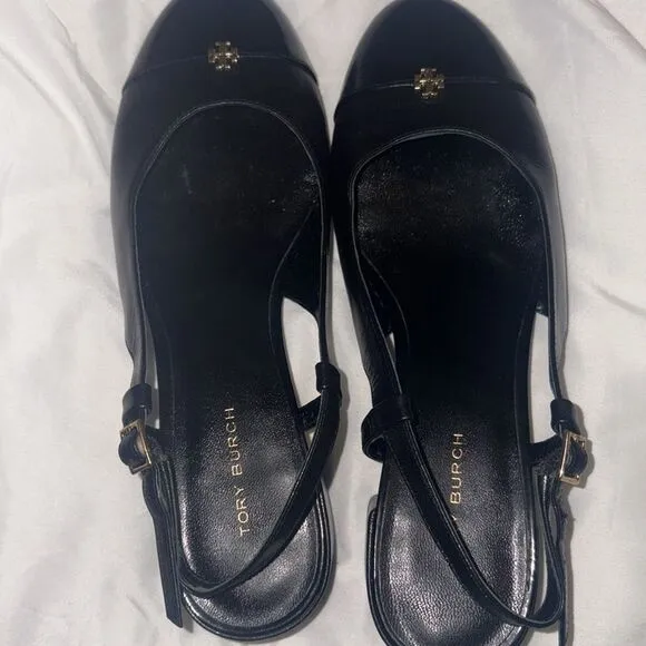 Tory Burch Cap-Toe Slingback 45 MM Black Leather Slingbacks/Dust Bag size 6