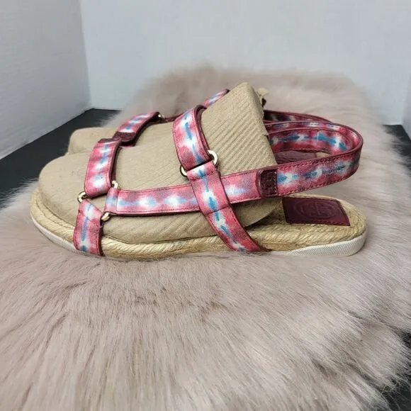 Tory Burch Sonda Flat Espadrille Hippie Tye Dye Leather Strappy Sandals Size 8