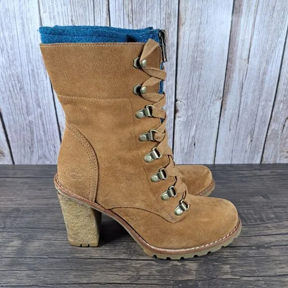 UGG Fabrice Chestnut Block Heel Lace Up Wool Lined Boots Women's Sz 6.5 (GUC)