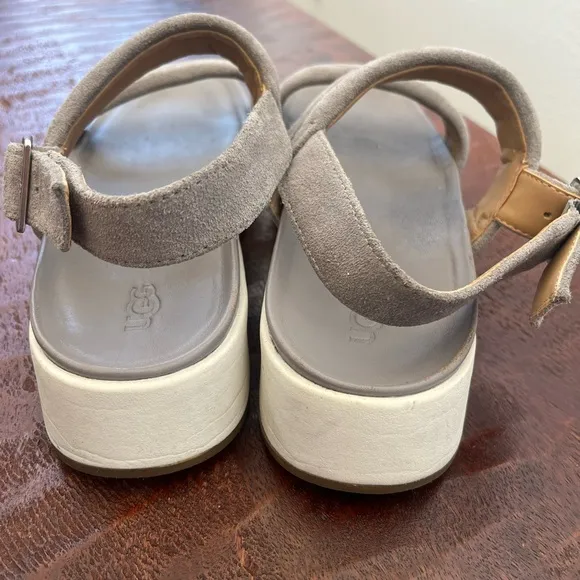 UGG Lynnden Suede Gray &amp; white Strappy Platform Sandals Sz 7.5