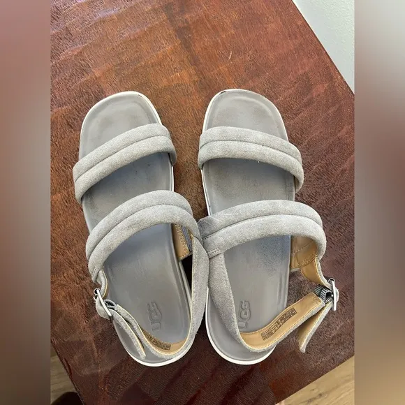 UGG Lynnden Suede Gray &amp; white Strappy Platform Sandals Sz 7.5