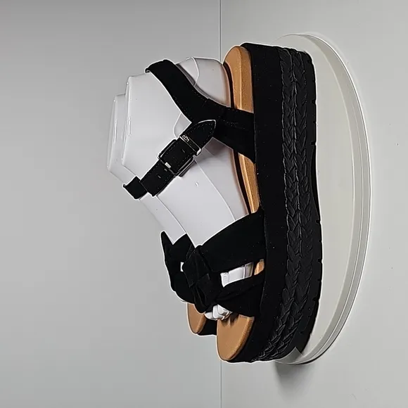 UGG Neusch Sandals Platforms Shoe Adjustable Strap Suede Leather Rafia Black 9