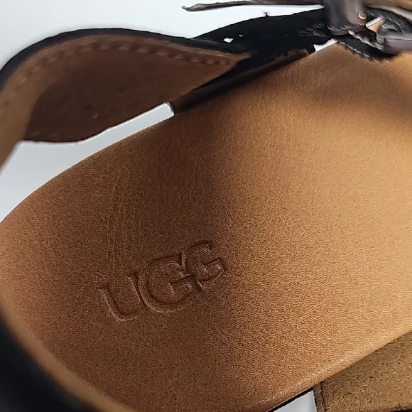UGG Neusch Sandals Platforms Shoe Adjustable Strap Suede Leather Rafia Black 9