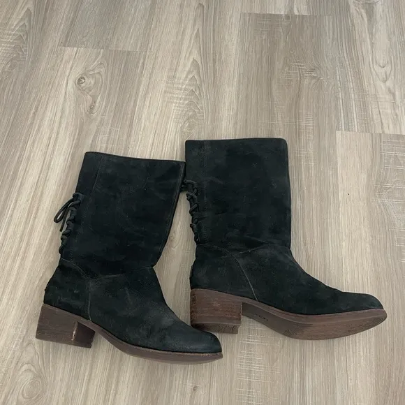 Ugg Shoes Ugg Cary Black Nubuck Leather Back Lace Block Heel Mid Calf Boots