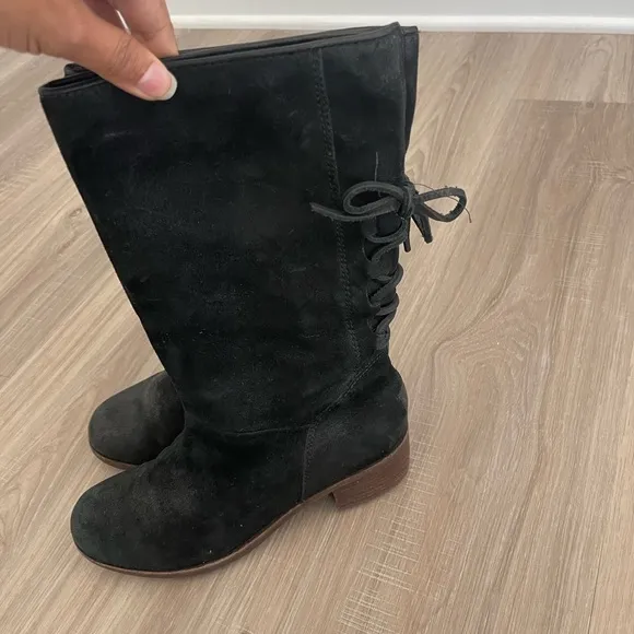 Ugg Shoes Ugg Cary Black Nubuck Leather Back Lace Block Heel Mid Calf Boots