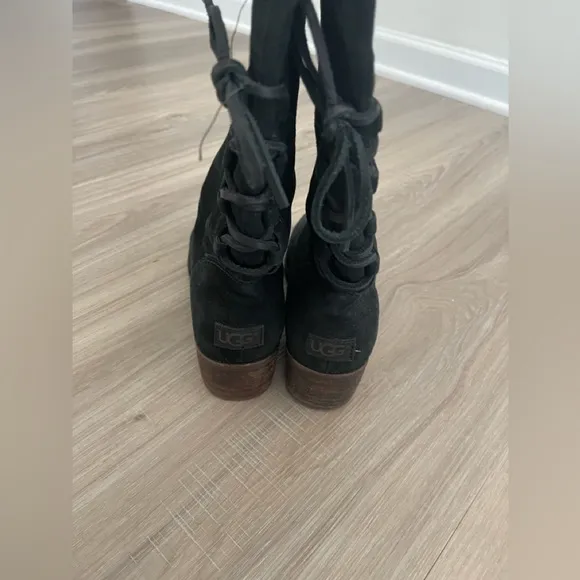Ugg Shoes Ugg Cary Black Nubuck Leather Back Lace Block Heel Mid Calf Boots