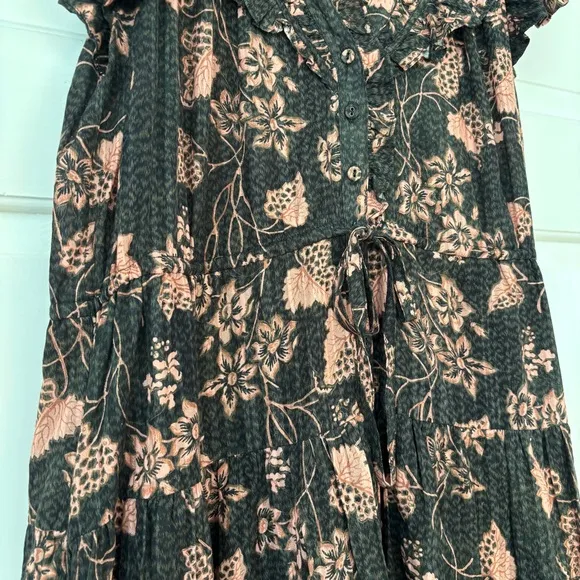 Ulla Johnson Romina Ruffle Dress - Balsam Floral Print Midi Size 8 Green Peach