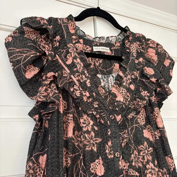 Ulla Johnson Romina Ruffle Dress - Balsam Floral Print Midi Size 8 Green Peach