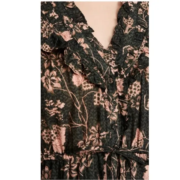 Ulla Johnson Romina Ruffle Dress - Balsam Floral Print Midi Size 8 Green Peach