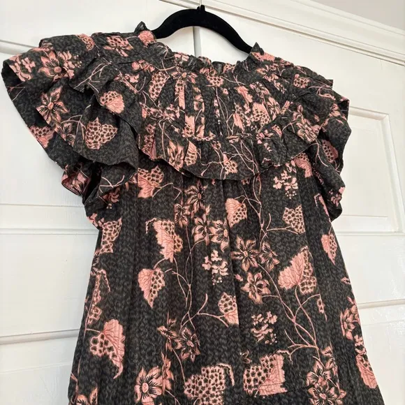 Ulla Johnson Romina Ruffle Dress - Balsam Floral Print Midi Size 8 Green Peach