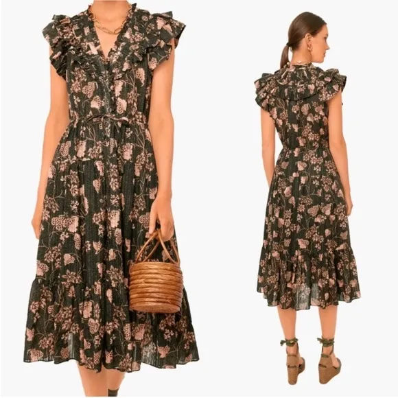 Ulla Johnson Romina Ruffle Dress - Balsam Floral Print Midi Size 8 Green Peach
