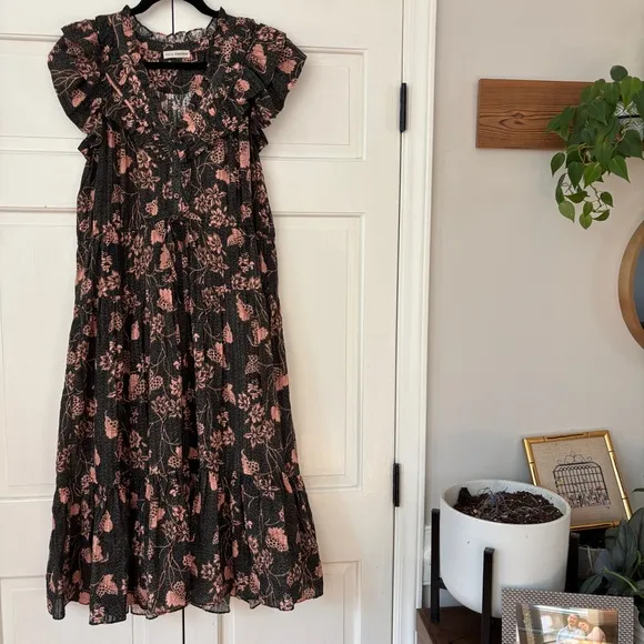 Ulla Johnson Romina Ruffle Dress - Balsam Floral Print Midi Size 8 Green Peach